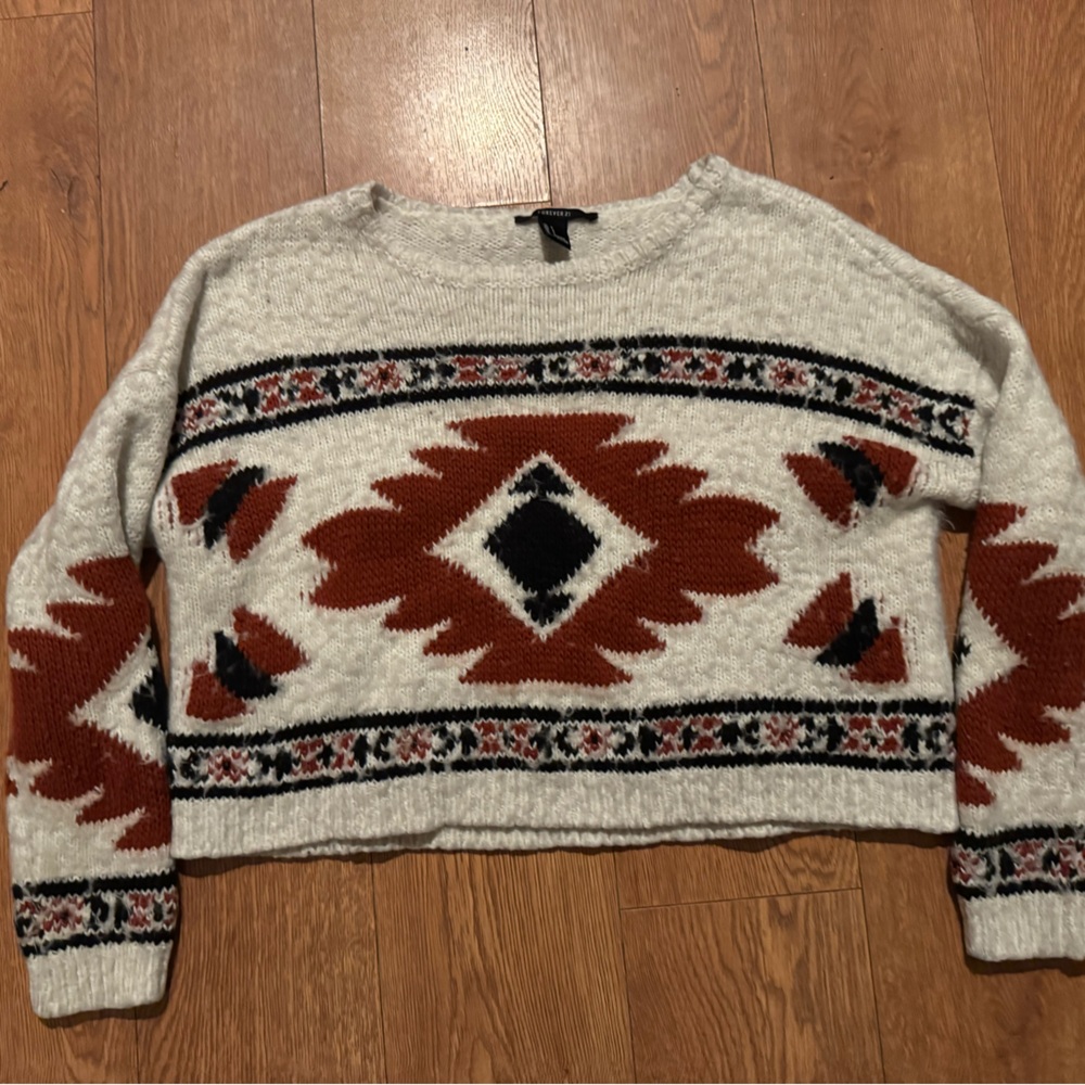 Forever 21 Cropped Sweater Size S Geometric Rust Black Cozy Trendy